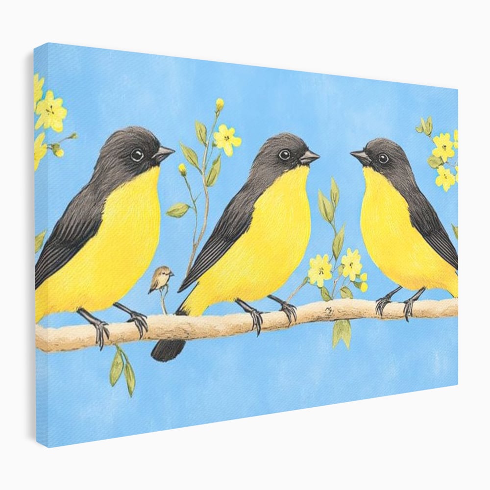 Tablou canvas cu tablou canvas cu trei pasari pe ramura, fara rama, pe sasiu de lemn